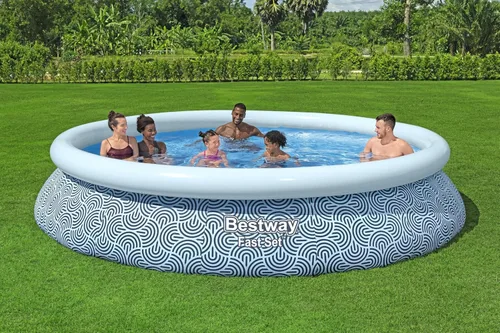 Miniatura 2 de Bestway Fast Set - Juego de piscina inflable redonda, 13 pies x 33 pulgadas, estampado de ratán, piscina circular sobre el suelo, incluye bomba