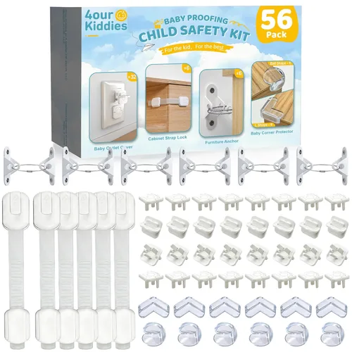 4our Kiddies Paquete de 56 kits a prueba de bebés, 6 cerraduras de gabinete a prueba de niños, 32 cubiertas de tomacorrientes, 6 anclajes para