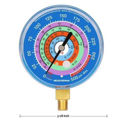 Miniatura 8 de MEASUREMAN Medidor de presión para refrigeración, esfera de 3-1/8", esfera azul, montaje inferior de 1/8" NPT, 30inHg-0-250psi, rango retardado
