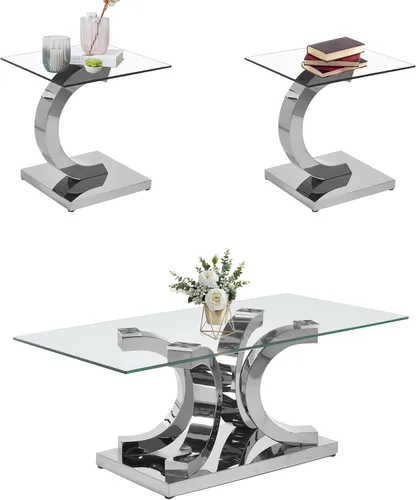 Miniatura 34 de SSLine Mesa auxiliar de cristal de lujo para sala de estar, mesa auxiliar moderna dorada con base de pedestal de acero inoxidable en forma de flor