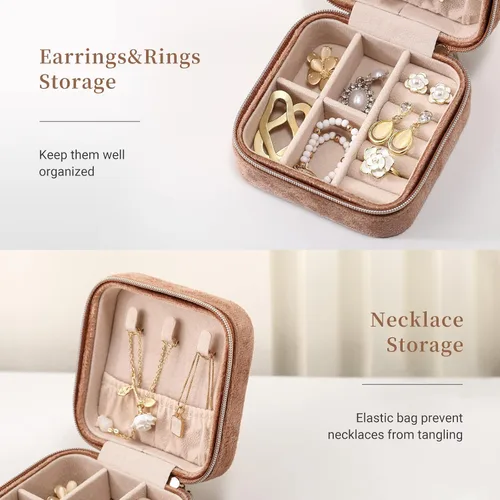 Miniatura 4 de CASEGRACE Joyero de viaje, joyero de terciopelo de felpa, pequeño organizador de viajes, exhibición, anillos, collares, pulseras, aretes, estuche