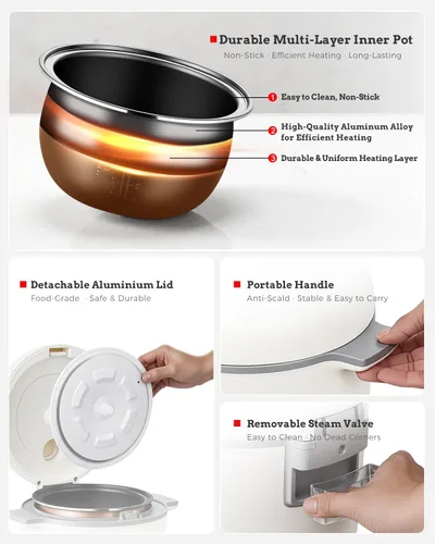 Miniatura 7 de TLOG Arrocera baja en carbohidratos 2L (8 tazas cocidas), arrocera saludable baja en azúcar con cesta de vapor de acero inoxidable 304, 5 preajustes