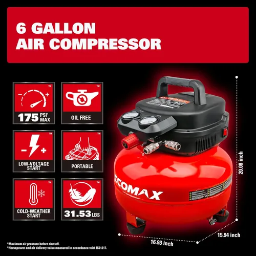 Miniatura 3 de Compresor de aire, Compresor de aire panqueque de 6 galones, MÁX 175PSI, Compresor para herramientas de aire con kit de 10 piezas de accesorios
