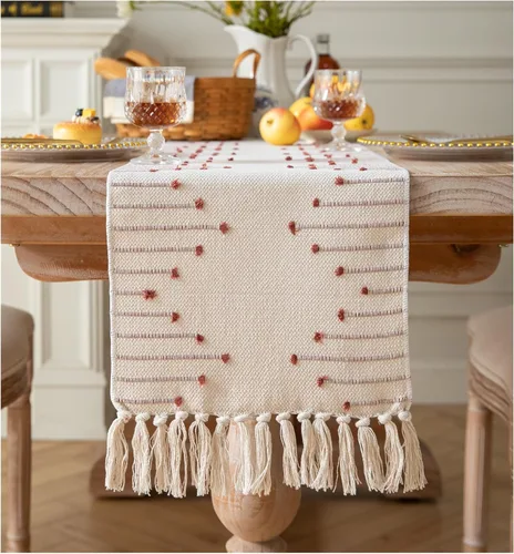 Miniatura 9 de Camino de Mesa Navideño de 13 x 108 Pulgadas de Largo, Algodón Natural Tejido con Borlas para Decoraciones Navideñas del Hogar y Comedor, para Rojo