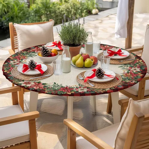 Miniatura 7 de Mantel ajustado redondo de Navidad con Poinsettia, mantel de lino retro de Navidad impermeable para mesa circular, mantel circular elástico de Rojo