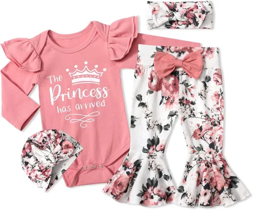 ADIFUN Ropa de bebé niña, 4 piezas de trajes de niña recién nacida, mameluco con volantes, parte inferior acampanada, diadema, bandana, conjuntos de