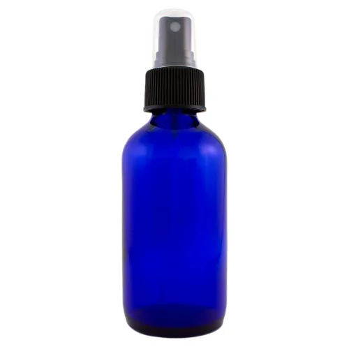 Miniatura 2 de Botella de vidrio azul cobalto, 4 onzas, con rociador de niebla fina color negro (6 unidades)
