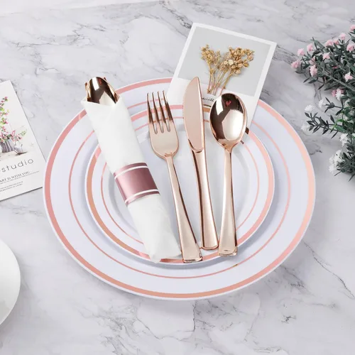 Miniatura 2 de BESTVIP Juego de vajilla de plástico color oro rosa de 350 piezas, platos de fiesta desechables para 50 invitados, incluye: 100 platos de plástico