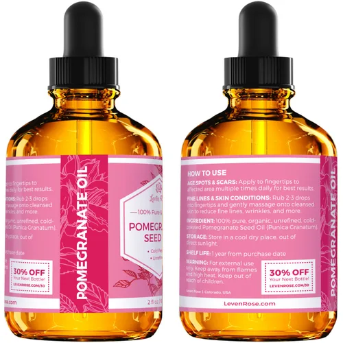 Miniatura 5 de Leven Rose Aceite de semilla de granada, 100% puro, sin refinar, prensado en frío, antioxidante hidratante para cabello, piel y uñas, 2 onzas