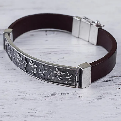Miniatura 4 de NOVICA . Pulsera de cuero de plata de ley 925, 7.5" 'Butterfly Garden', Cuero