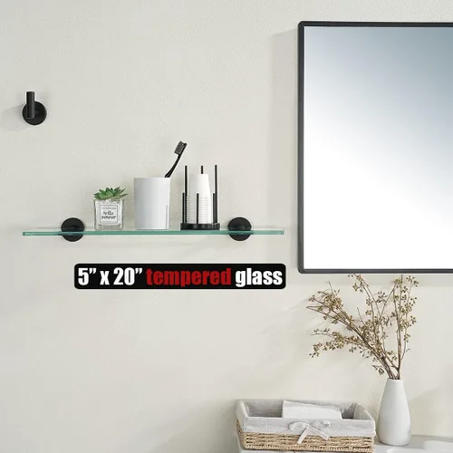 Miniatura 2 de JQK Estante de baño de vidrio negro, almacenamiento de ducha de vidrio templado de 20 por 5 pulgadas, montaje en pared de acero inoxidable 304 negro