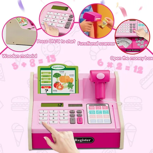 Miniatura 7 de Wee Wonders Caja registradora de madera para niños con calculadora real, juguete recargable de caja registradora con escáner/dinero