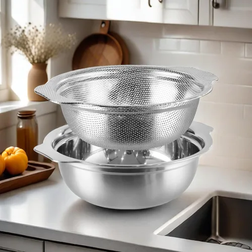 Miniatura 7 de Colador de acero inoxidable para cocina, colador de arroz de 2.5 cuartos con tazón para mezclar, juego de cuencos coladores con microporoso