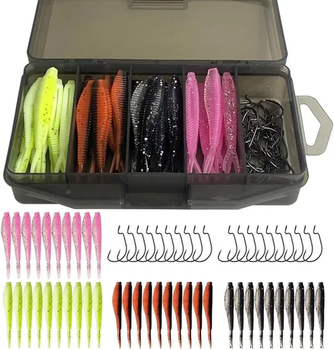 Miniatura 6 de 40 piezas de gancho de cabeza de plantilla, señuelos suaves, cebo de silicona artificial, gusano de pesca suave, kit de aparejos para pesca de 40