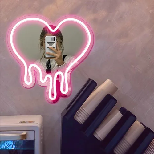 Miniatura 4 de DECANIT Letrero de Neón de Corazón - Decoración de Pared que Derrite el Corazón, Luz LED Alimentada por USB en Rosa, Espejo Decorativo de Pared