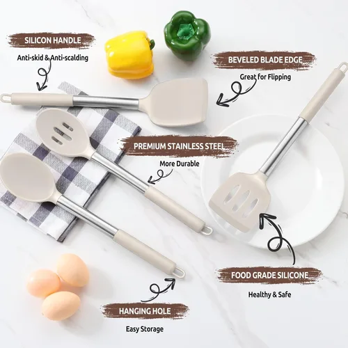 Miniatura 4 de E-far - Juego de utensilios de cocina de 4 piezas, utensilios de cocina de silicona para utensilios de cocina antiadherentes, espátula ranurada Caqui
