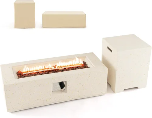 Miniatura 7 de Tangkula 28 Inch Patio Propane Fire Pit Table with Hideaway Tank Holder, 40,000 BTU Terrazzo Gas Fire Table with Lava Rocks, Protective Covers