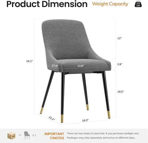 Miniatura 6 de COLAMY LUMA - Juego de 2 sillas de comedor de tela tapizada con patas de metal y cojín acolchado, sillas laterales sin brazos para comedor, cocina