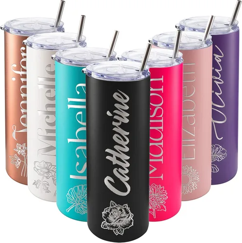 Miniatura 13 de Vaso delgado personalizado, popote, tapa y cepillo incluidos, oro rosa de 20 onzas, regalos personalizados para mujeres, regalo para mamá, vaso