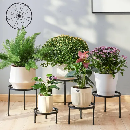 Miniatura 9 de Soporte para plantas, paquete de 5 soportes resistentes para macetas, estantes de decoración de metal, estante redondo para plantas para macetas