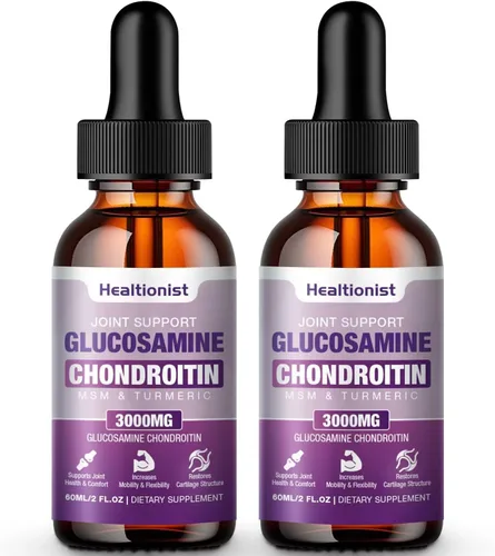 Paquete de 2 gotas líquidas de glucosamina condroitina MSM, suplemento de apoyo articular extra fuerte para adultos, hombres y mujeres, quercetina