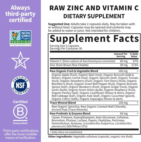 Miniatura 5 de Garden of Life Vitamina de zinc, suplemento alimenticio con vitamina C, vegano, 60 cápsulas