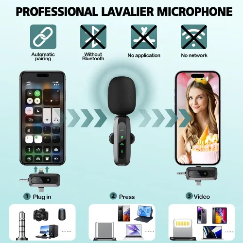 Miniatura 2 de Mini micrófono, 3 en 1 micrófonos de solapa inalámbricos para iPhone/iPad/Android/cámara (Lightning/USB/conector de 3.5 mm), 2 pantallas LED