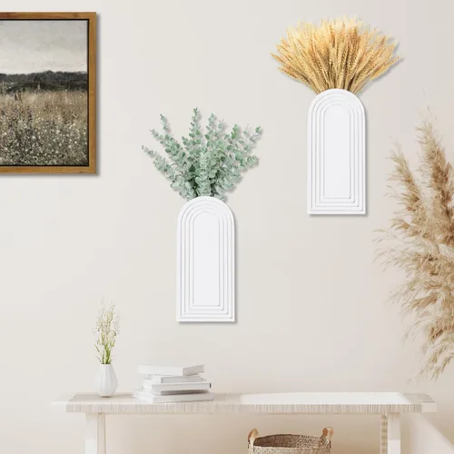 Miniatura 5 de Dnnnii Juego de 2 jarrones de pared de madera, acabado blanco, decoración de pared moderna de granja y bohemio para entrada, pasillo, baño, sala