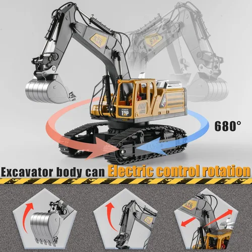 Miniatura 4 de Excavadora de control remoto 1:14, juguetes con control remoto para niños, excavadora RC de 14 canales, juguetes de construcción de tractor, humo