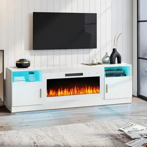 Miniatura 15 de PUKAMI Soporte de TV con chimenea de 18 pulgadas para sala de estar, centro de entretenimiento de 58 pulgadas con luces para las patas, gabinete