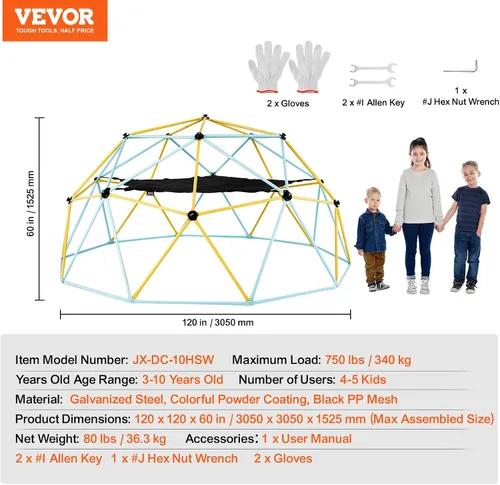 Miniatura 8 de VEVOR - Cúpula de escalada de 10 pies, escalador de cúpula geométrica con hamaca y columpio, gimnasio de jungla con capacidad de 750 lb y fácil
