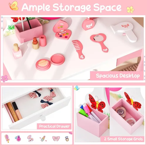 Miniatura 3 de Costzon Vanity - Juego de tocador para niñas con espejo y taburete, cajón, rejillas de almacenamiento, tocador 2 en 1, tocador de maquillaje, mesa