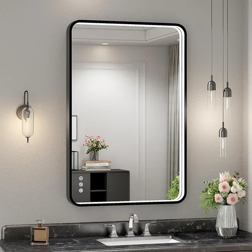 Miniatura 50 de Espejo de baño LED de 24x32 pulgadas con luces, espejo LED con marco de metal negro para baño, 3 colores y luz regulable sin escalones montada