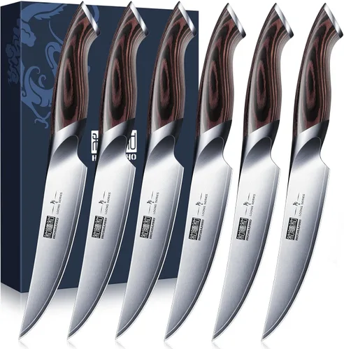 Miniatura 9 de HOSHANHO Juego de 7 cuchillos para carne, juego de cuchillos para carne de 4.5 pulgadas con bloque, cuchillos de cocina de acero al carbono japonés