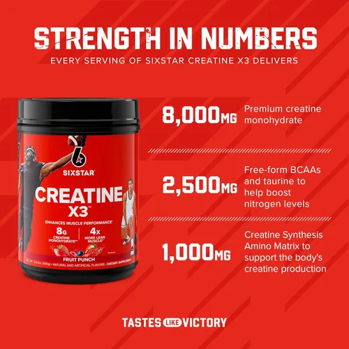 Miniatura 3 de Six Star Monohidrato de creatina en polvo, X3 (ponche de fruta) – Suplemento monohidrato de creatina HCl en polvo para la construcción muscular