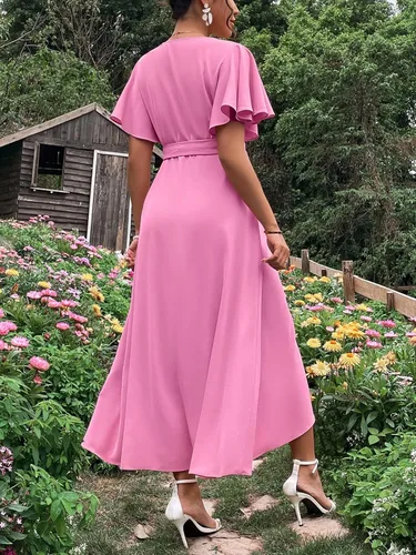 Miniatura 2 de Verdusa Vestido largo cruzado de maternidad para mujer, manga de mariposa, acampanado, con cinturón