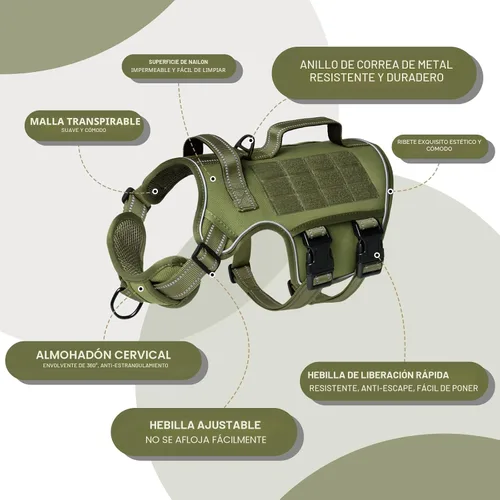 Miniatura 5 de Arnés para perros grandes resistente, arnés táctico sin tirones para perro con sistema Molle, chaleco para perro de servicio fácil de poner y Verde