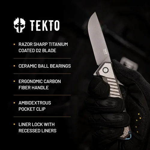 Miniatura 7 de TEKTO F1 Alpha - Cuchillo de bolsillo plegable, hoja trasera recta modificada, acero D2 recubierto de titanio, ideal para acampar y mochileros al