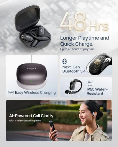 Miniatura 6 de SHOKZ Nuevos auriculares OpenFit 2+ de oreja abierta, habilitados para Dolby Audio, cómodos auriculares con ganchos suaves para los oídos, tiempo