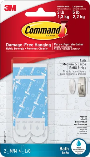 Miniatura 9 de Command Tiras de repuesto para baño, 2 tiras adhesivas medianas y 4 grandes, resistentes al agua, ganchos o contenedores de baño para colgar