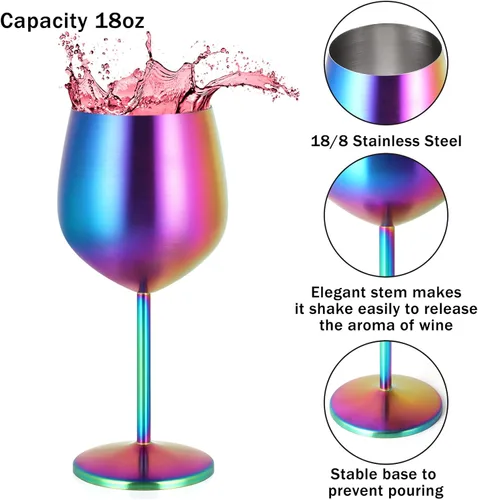 Miniatura 2 de Lifecapido Juego de 6 copas de vino de acero inoxidable, copas de vino coloridas de acero inoxidable de 18 onzas, copas de vino de metal con tallo