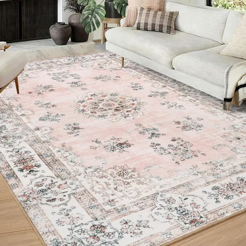 Miniatura 12 de Lahome Alfombra de pasillo rosa de 2 pies 6 pulgadas x 8 pies para pasillo, alfombra europea con estampado floral vintage lavable para cocina, baño