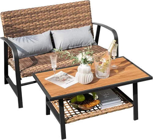 Miniatura 12 de Tangkula Juego de muebles de patio de 2 piezas, juego de sillas de sofá biplaza para exteriores con cojines de respaldo de asiento y almohadas