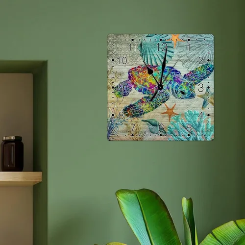 Miniatura 4 de Reloj de pared silencioso sin tictac con temática de playa, océano, colorido, tortuga marina, reloj de pared cuadrado estilo rural costero toscano
