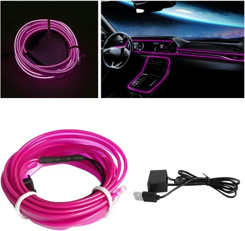 Miniatura 25 de Tira de luces LED de cable EL, tira de luz de neón automática USB de 10 pies/3M con borde de costura, kits de iluminación ambiental
