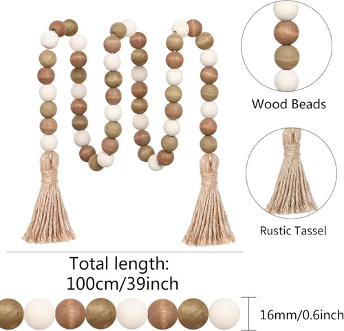 Miniatura 6 de Meplait - Guirnalda de cuentas de madera, 39 pulgadas con borlas estilo granja para decoración de bandejas superpuestas Café y Natural