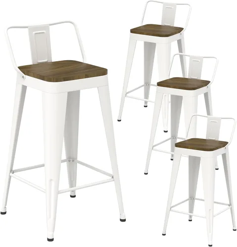 Miniatura 10 de Juego de 4 taburetes de bar de metal, taburetes de bar con respaldo alto con asiento de madera, taburetes de bar negros de 24 pulgadas para isla