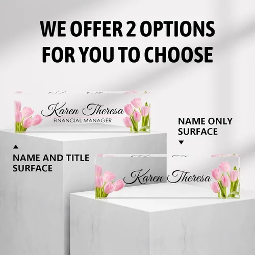 Miniatura 6 de Placa de nombre de oficina personalizada, regalos personalizados para mujeres y empleados, accesorio de escritorio de oficina (Tulipán Rosa)