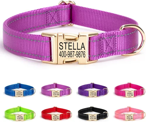 Miniatura 11 de Collar de perro personalizado con etiqueta de nombre, collar de nailon reflectante para mascotas, collares de perro con hebilla grabada Rosa