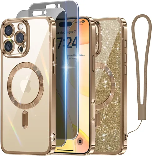Miniatura 35 de Meifigno Candy Mag Series - Funda diseñada para iPhone 15 Pro, compatible con MagSafe, tarjeta con purpurina y correa de muñeca, protección completa